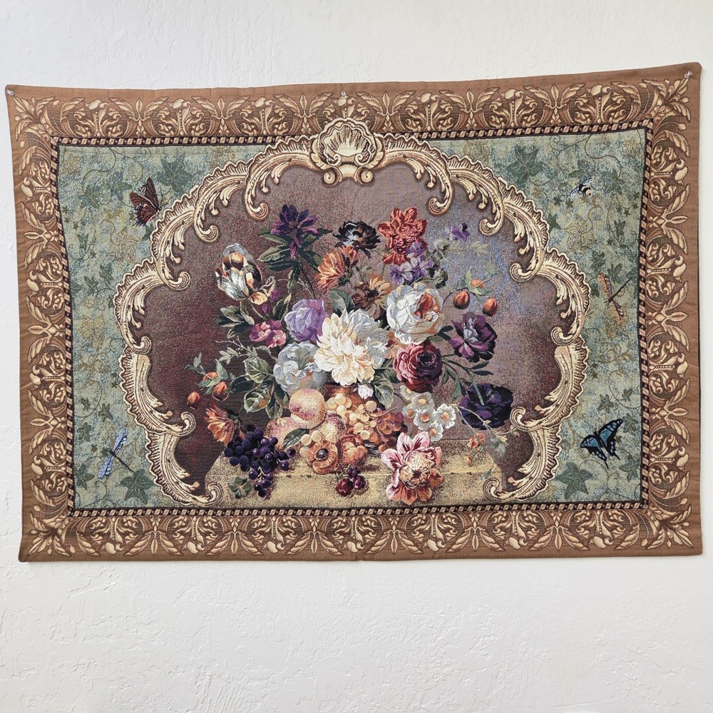Vintage Large Jacquard Woven Dutch Floral & Fruit Still Life Tapestry 54" x 37"